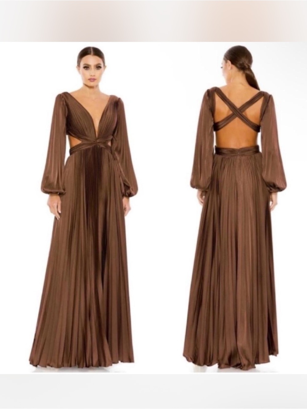 Mac Duggal Satin V Neck Gown Dress 26737 in Espresso Brown Size 4/6